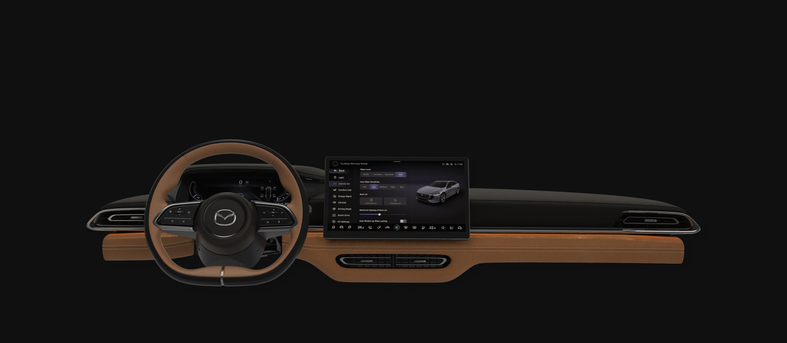 Nya MAZDA 6e elbil interiörbild på intrumentpanel med ratt och infotainmentsystem